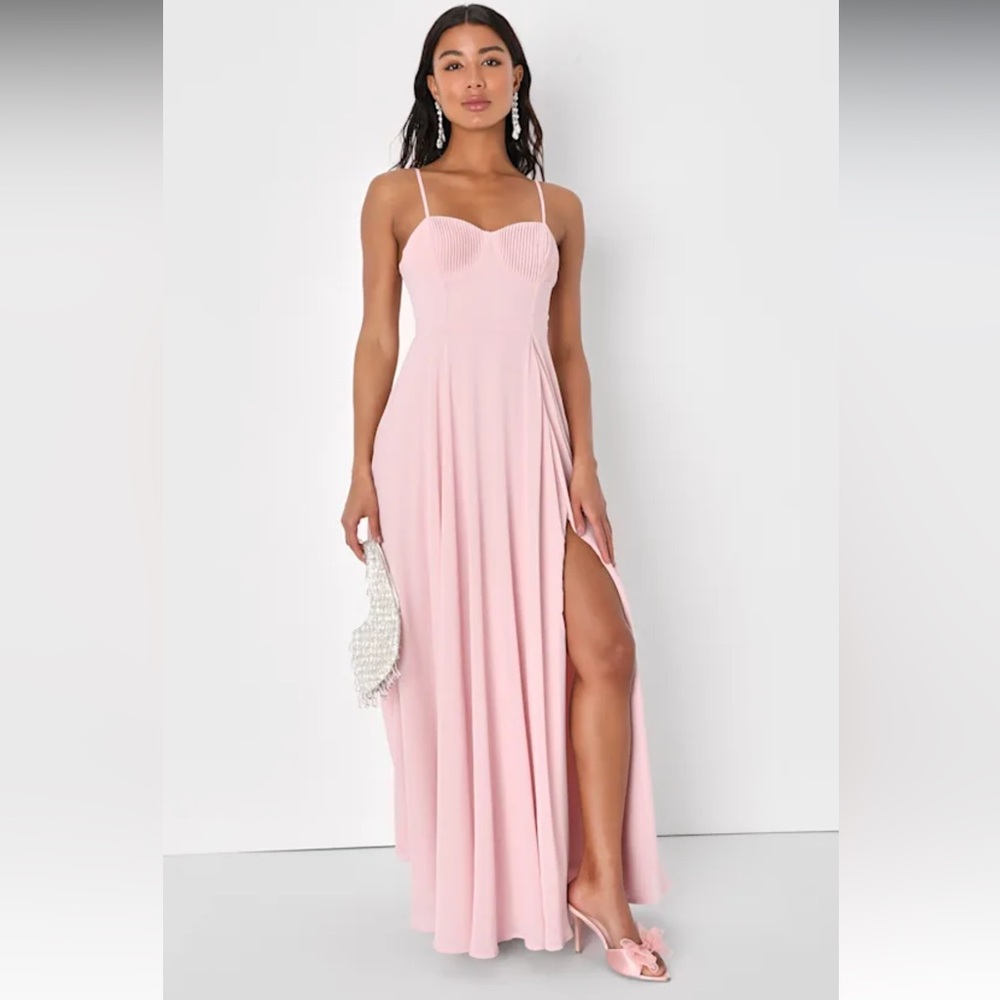 NWT Lulus Cause for Commotion Light Pink Pleated Bustier Maxi Dress Feminine XS